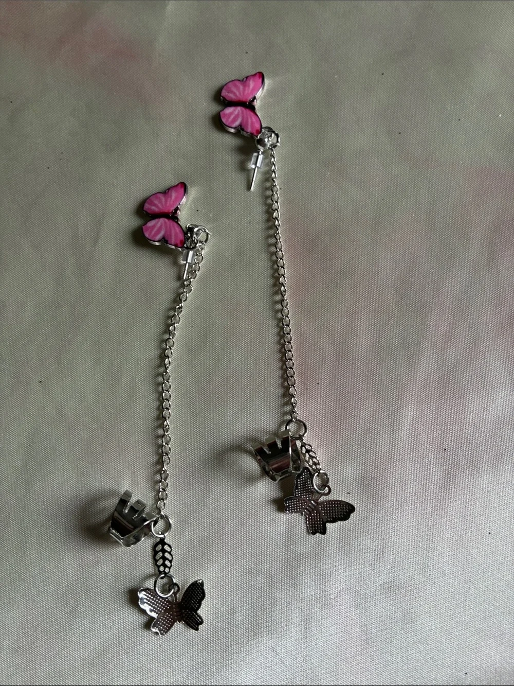 Pink Butterfly Dangle Earrings - Silver Tone